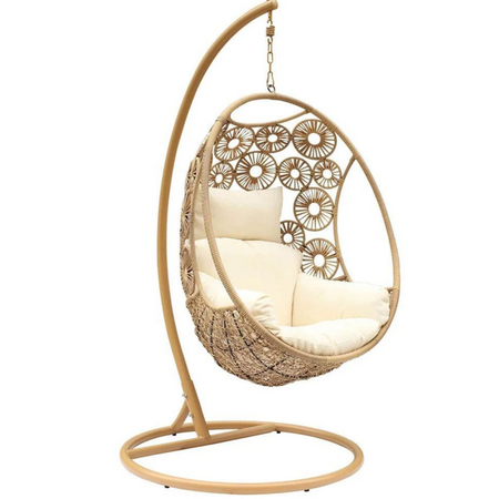 Havana Hanging Egg Chair in Natural Wicker Colour with Patterns on Pod with Frame for balcony Front View With Measurements