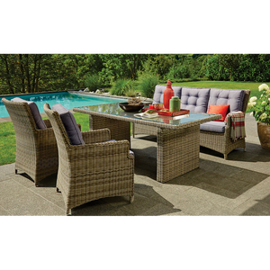 Eleganza 3-Seater Outdoor Lounge In grey Wicker with Light Blue Cushions for Patio Front View Outdoor Lounge Set in Backyard