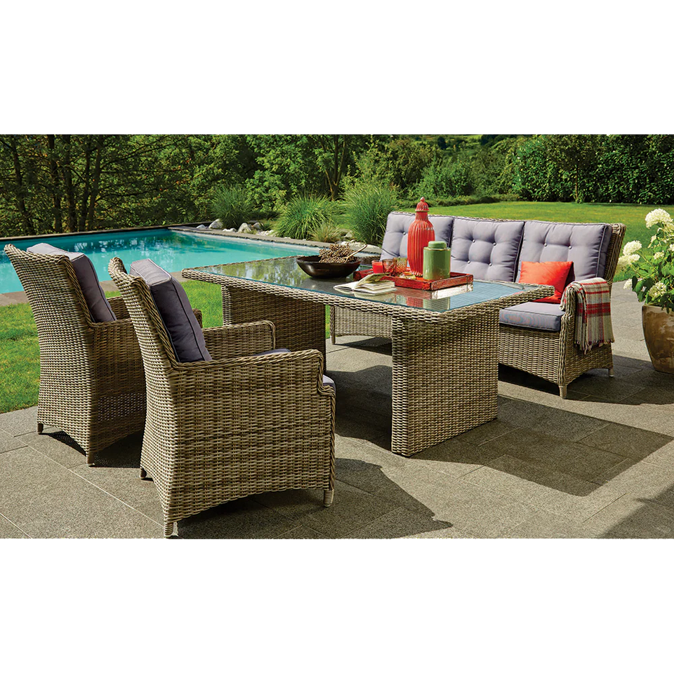 Eleganza 3-Seater Outdoor Lounge In grey Wicker with Light Blue Cushions for Patio Front View Outdoor Lounge Set in Backyard