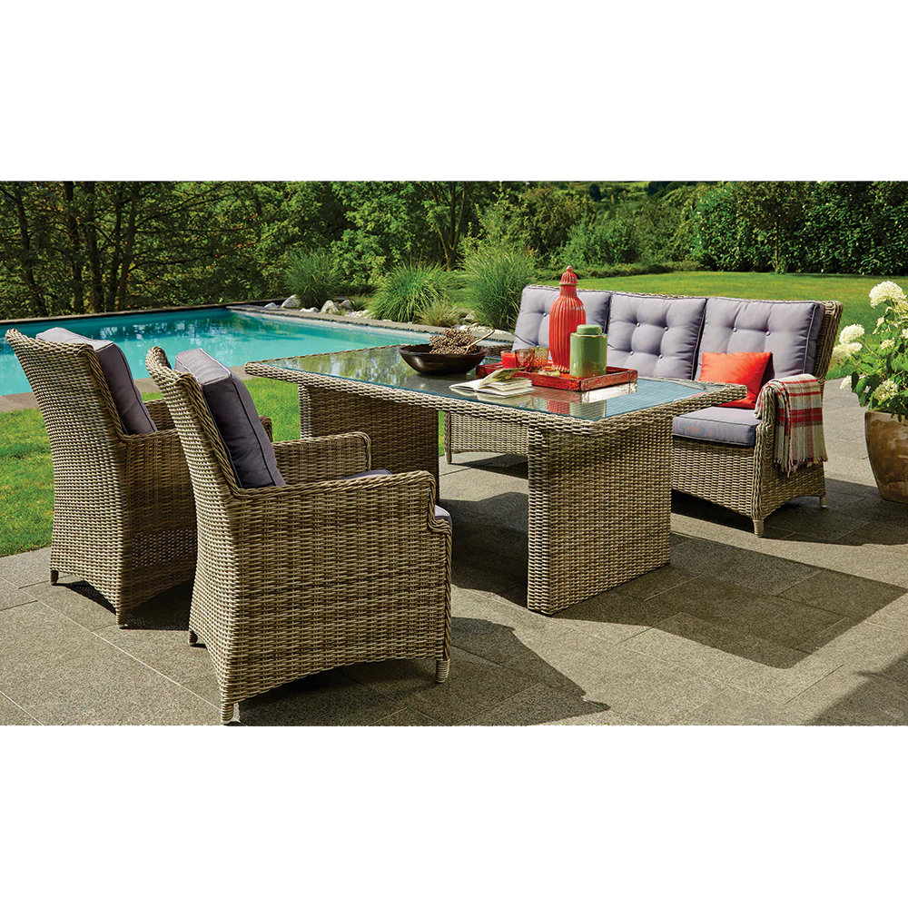 Eleganza 5-Seater Outdoor Lounge In grey Wicker with Light Blue Cushions for Patio Front View