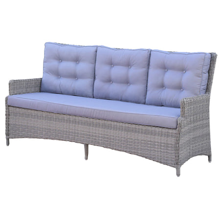 Eleganza 3-Seater Outdoor Lounge In grey Wicker with Light Blue Cushions for Patio Front View Outdoor Lounge Set in Backyard