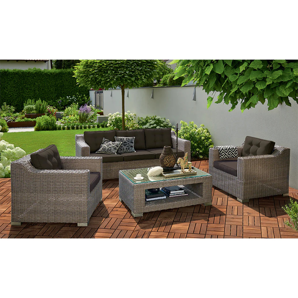 Beaumaris Rattan Wicker Outdoor Lounge Three Seater in Natural and Brown Color Front View Lounge Set Complete