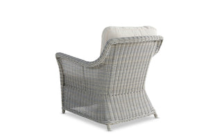 Avalon Cane Rattan Arm Chair For Outdoors in White Grey Back Angle View