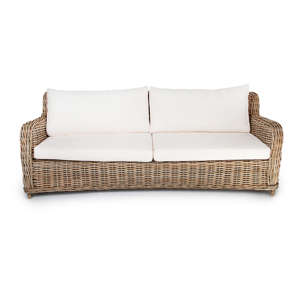 Hayman 2.5 Seater Outdoor Lounge In Natural Cane Fiber with White Cushions for Patio Front View