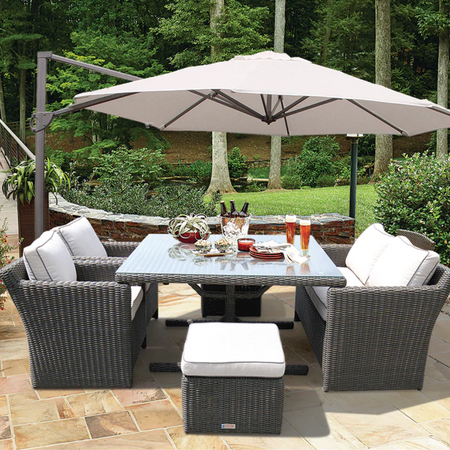 Carlton 6 Seater Outdoor Wicker Table Dining Set sun umbrella in backyard side view