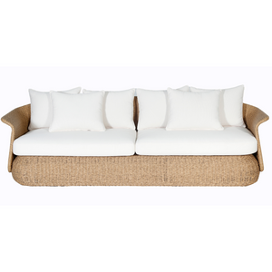 Catalina 3 Seater Outdoor Lounge in rattan cane natural colour with white cushions front view