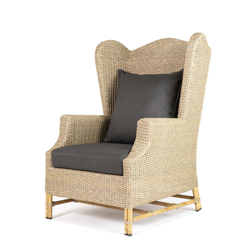 Contessa Outdoor Wing Chair in Natural Colour Wicker with Black Cushions Front view