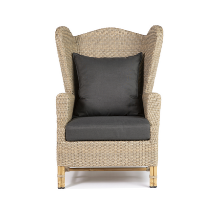 Contessa Outdoor Wing Chair in Natural Colour Wicker with Black Cushions Back view