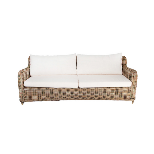 Hayman 2.5 Seater Outdoor Lounge In Natural Cane Fiber with White Cushions for Patio Front View