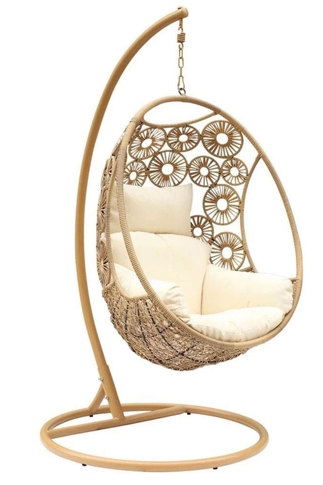 Havana Hanging Egg Chair in Natural Wicker Colour with Patterns on Pod with Frame for balcony Front View