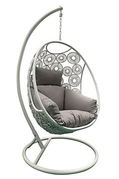 Havana Hanging Egg Chair In White Wicker Colour with Patterns on Pod with Frame for balcony Front View