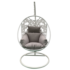 Havana Hanging Egg Chair In White Wicker Colour with Patterns on Pod with Frame for balcony Front View 