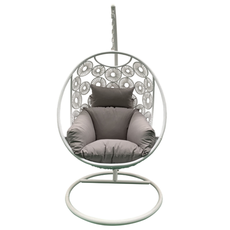 Havana Hanging Egg Chair In White Wicker Colour with Patterns on Pod with Frame for balcony Front View on Decking