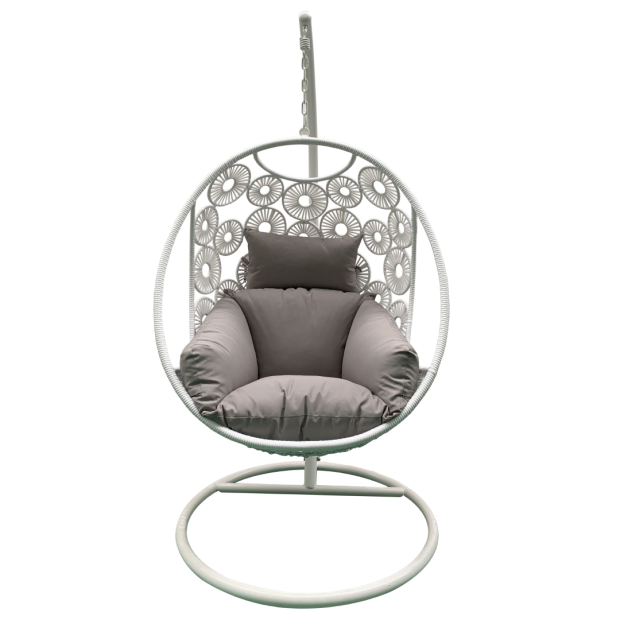 Havana Hanging Egg Chair In White Wicker Colour with Patterns on Pod with Frame for balcony Front View 
