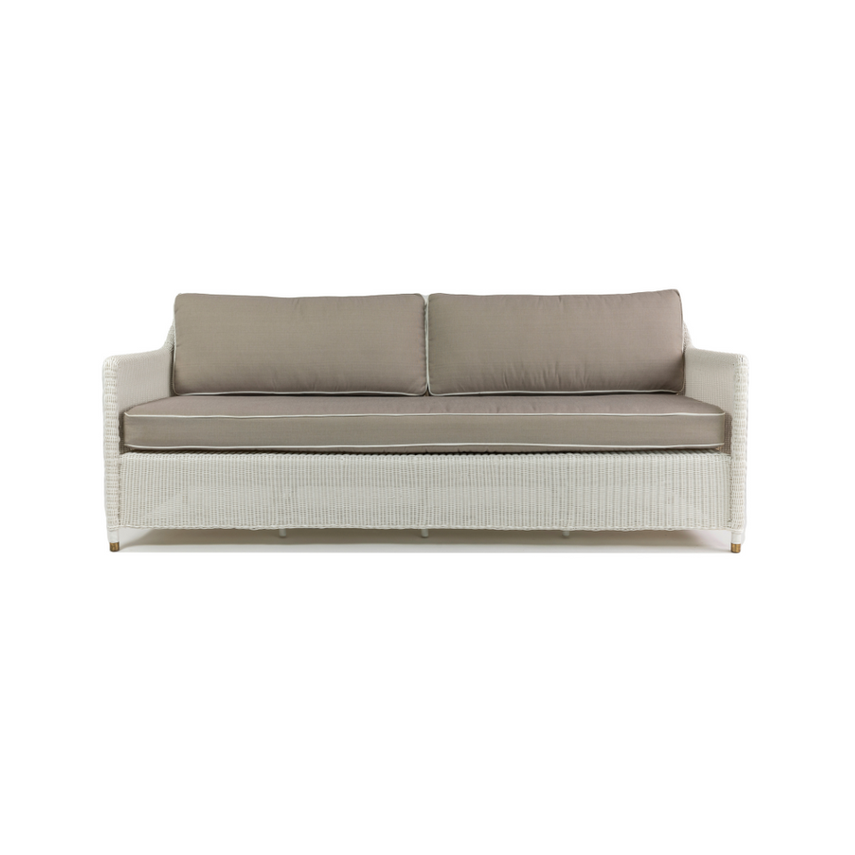 A white Sorrento 3-seater outdoor lounge sofa with a synthetic weave and aluminum frame, designed for use in outdoor settings.