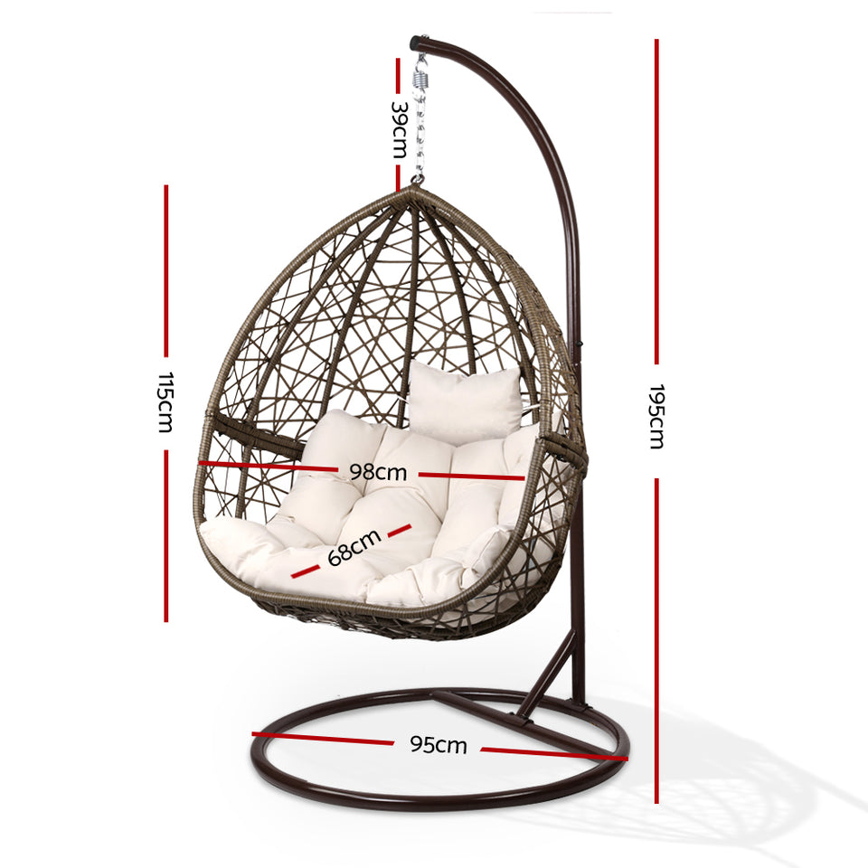 Calvin Wicker Hanging Egg Chair in Brown with frame and wicker pod Measurements on photo