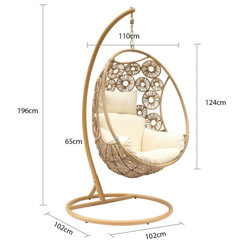 Havana Hanging Egg Chair in Natural Wicker Colour with Patterns on Pod with Frame for balcony Front View With Measurements
