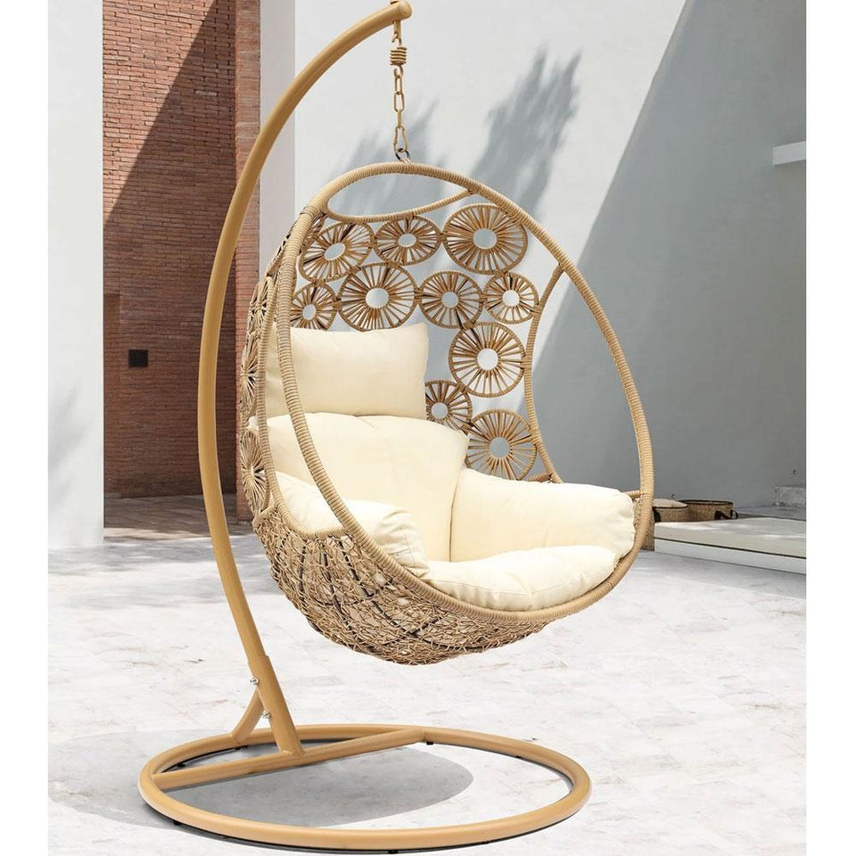 Havana Hanging Egg Chair in Natural Wicker Colour with Patterns on Pod with Frame for balcony Front View