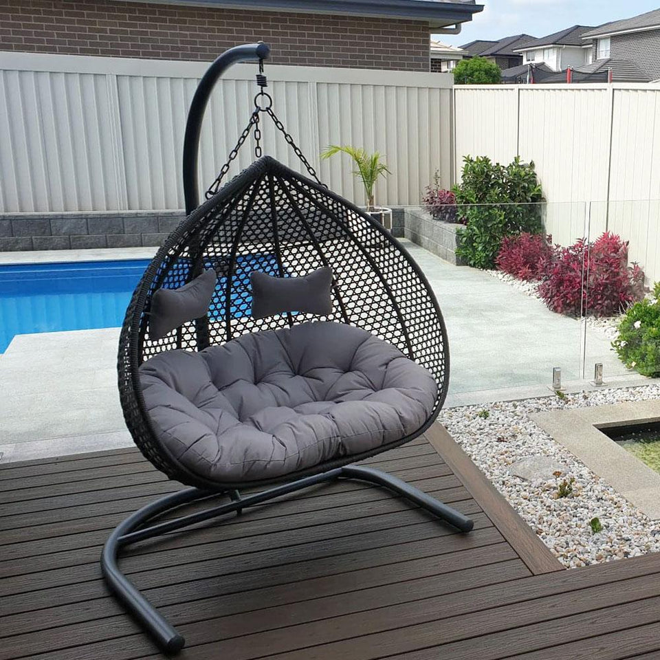 Hamptons Double Hanging Egg Chair in Grey Colour with Aluminium Frame for Patio and Balcony Furniture Poolside Backyard on Deck Front View