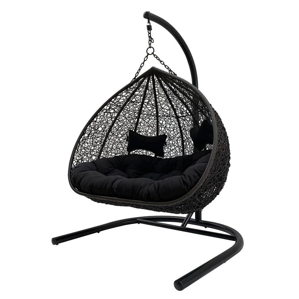 Imperial Double Hanging Egg Chair in Black Wicker Pod with Black Aluminium Frame Front View