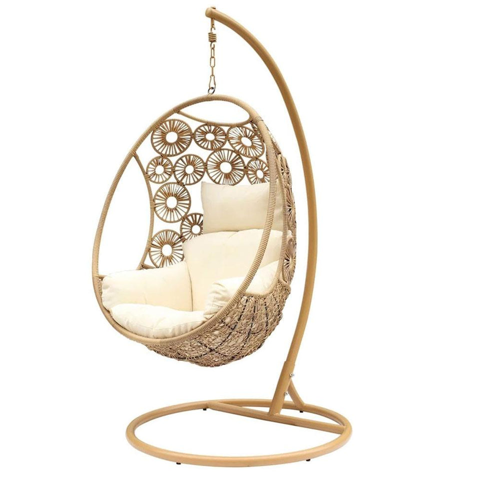 Havana Hanging Egg Chair in Natural Wicker Colour with Patterns on Pod with Frame for balcony Front View