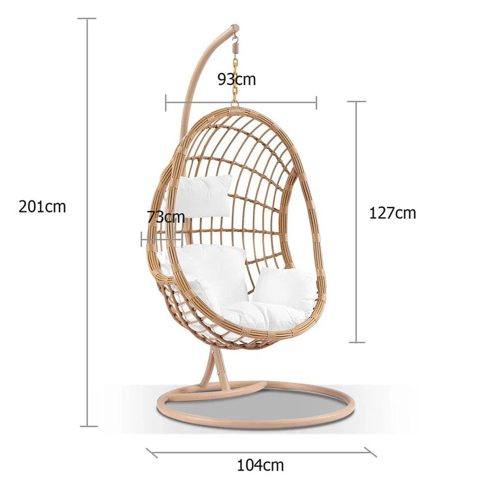 Delilah Hanging Egg Chair In Rattan Natural Colour with Frame and Pod for Patio with measurements