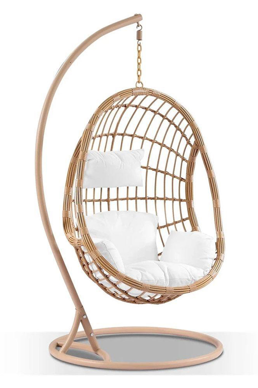 Delilah Hanging Egg Chair In Rattan Natural Colour with Frame and Pod for Patio front view