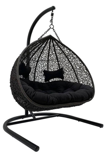 Imperial Double Hanging Egg Chair in Black Wicker Pod with Black Aluminium Frame Front View